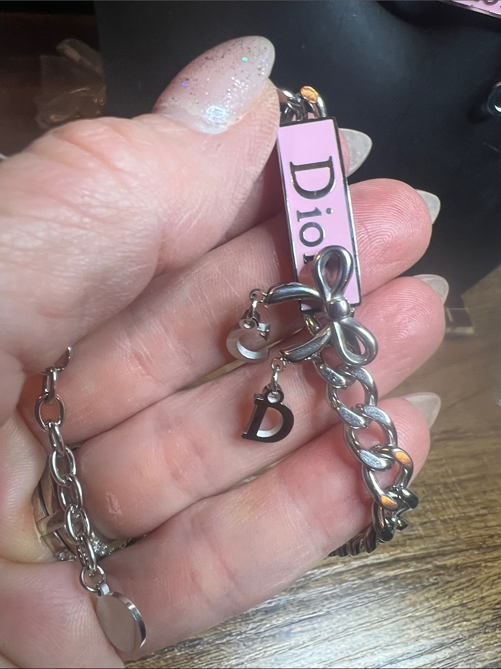 Silver-Tone Chain Bracelet with Pink Enamel Tag and Bow Charm